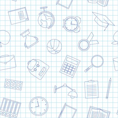 Beyaz arka planda okul malzemeleri ile Dikişsiz desen, vektör illüstrasyon