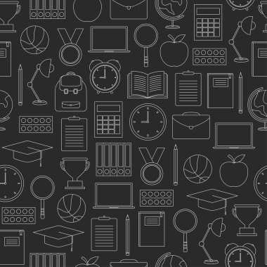 Gri arka planda okul malzemeleri ile Dikişsiz desen, vektör illüstrasyon