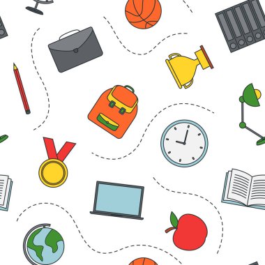Beyaz arka planda okul malzemeleri ile Dikişsiz desen, vektör illüstrasyon