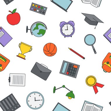Beyaz arka planda okul malzemeleri ile Dikişsiz desen, vektör illüstrasyon