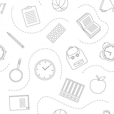 Beyaz arka planda okul malzemeleri ile Dikişsiz desen, vektör illüstrasyon