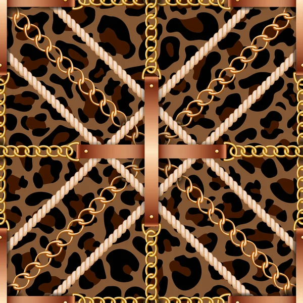 Nahtloses Muster mit Gürteln, Ketten und Seilen auf Leopardenfell Hintergrund — Stockvektor