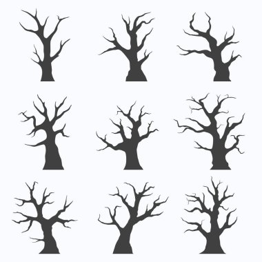 Beyaz arka plan üzerinde çıplak ağaçlar siluetleri seti, vektör illüstrasyon