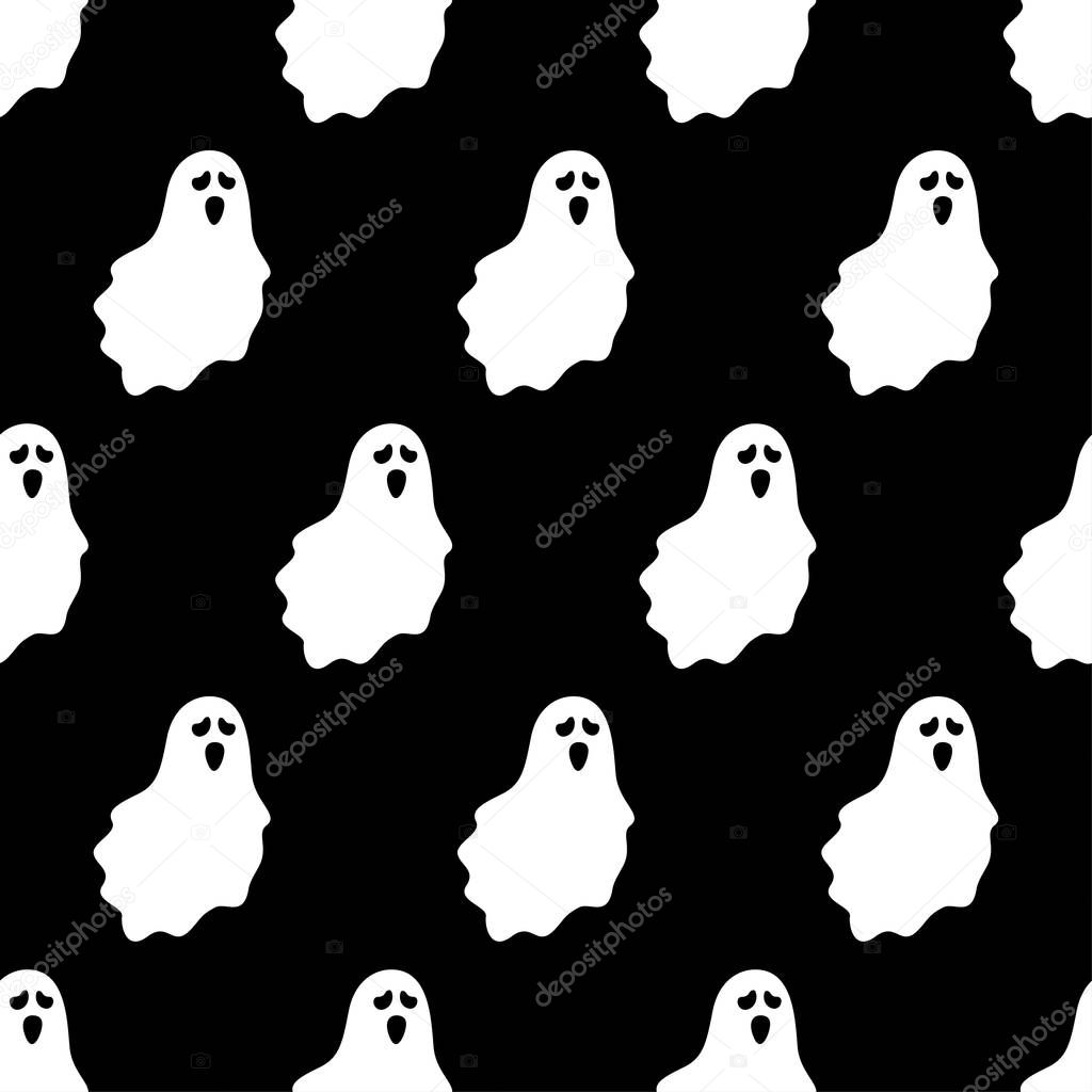 Seamless pattern with ghost characters on black background, vector illustration