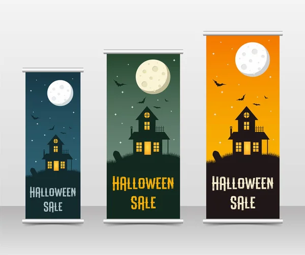 Fröhliches Halloween-Geschäft Roll-up-Vorlagen-Set, Vektor-Illustrationen — Stockvektor