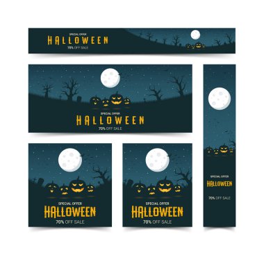 Mutlu halloween web afiş tasarım şablon seti, vektör illüstrasyon