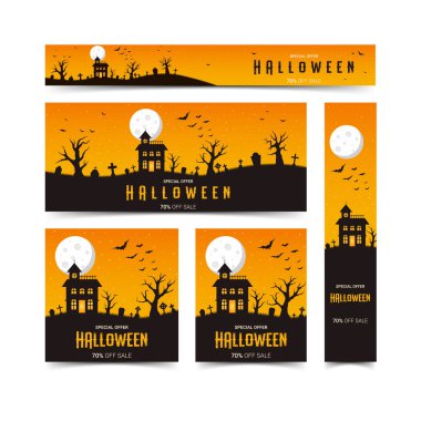 Mutlu halloween web afiş tasarım şablon seti, vektör illüstrasyon