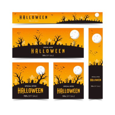 Mutlu halloween web afiş tasarım şablon seti, vektör illüstrasyon
