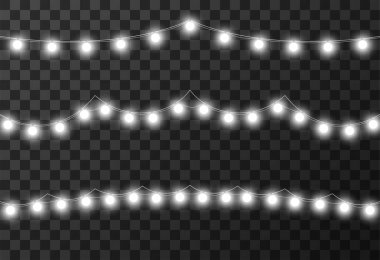 Şeffaf arkaplanda izole edilmiş Noel ışıkları, vektör illüstrasyonu