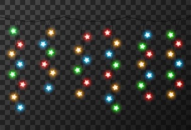 Şeffaf arkaplanda izole edilmiş Noel ışıkları, vektör illüstrasyonu