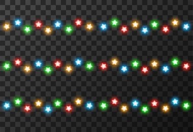 Şeffaf arkaplanda izole edilmiş Noel ışıkları, vektör illüstrasyonu
