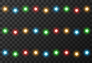 Şeffaf arkaplanda izole edilmiş Noel ışıkları, vektör illüstrasyonu