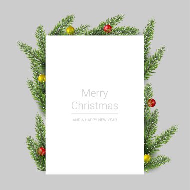 Çam dalları ve gri arka planda noel baloları olan mutlu noel tebrik kartları, vektör illüstrasyonu