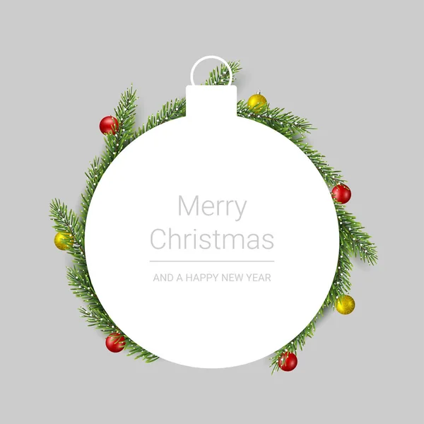Tarjeta de felicitación de Feliz Navidad con ramas de pino y bolas de Navidad sobre fondo gris, ilustración vectorial — Vector de stock
