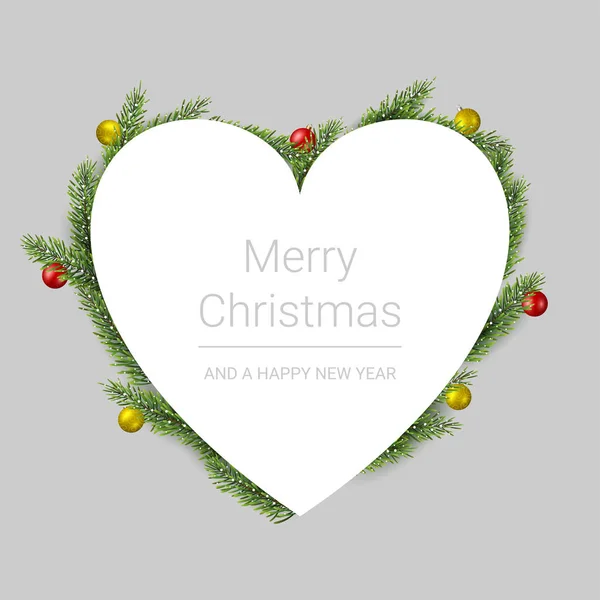 Tarjeta de felicitación de Feliz Navidad con ramas de pino y bolas de Navidad sobre fondo gris, ilustración vectorial — Vector de stock