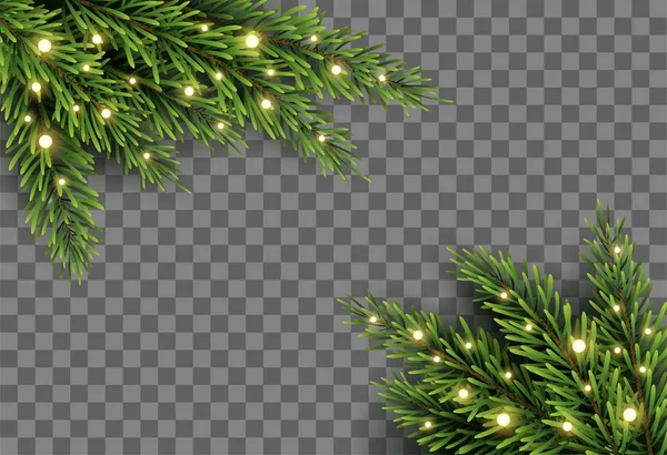 Decorazione dell'albero di Natale con rami di abete e luci su sfondo trasparente, illustrazione vettoriale — Vettoriale Stock