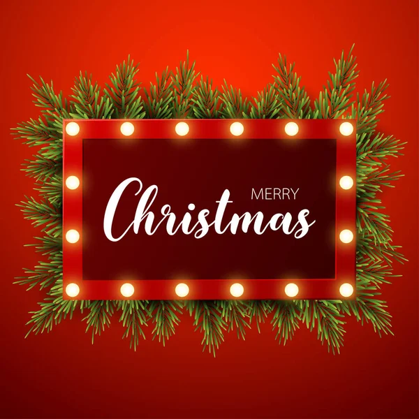 Fondo de Navidad con ramas de abeto, signo de luz sobre fondo rojo, ilustración vectorial — Vector de stock