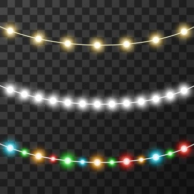 Şeffaf arkaplanda izole edilmiş Noel ışıkları, vektör illüstrasyonu