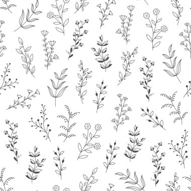 Elle çizilmiş çiçekli kusursuz desen, vektör illüstrasyonu