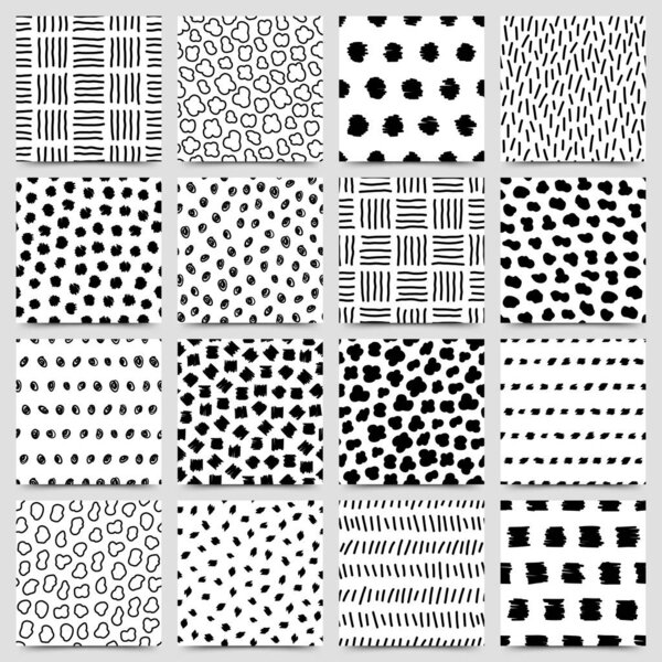 Set of hand drawn ink seamless pattern, vector illustration