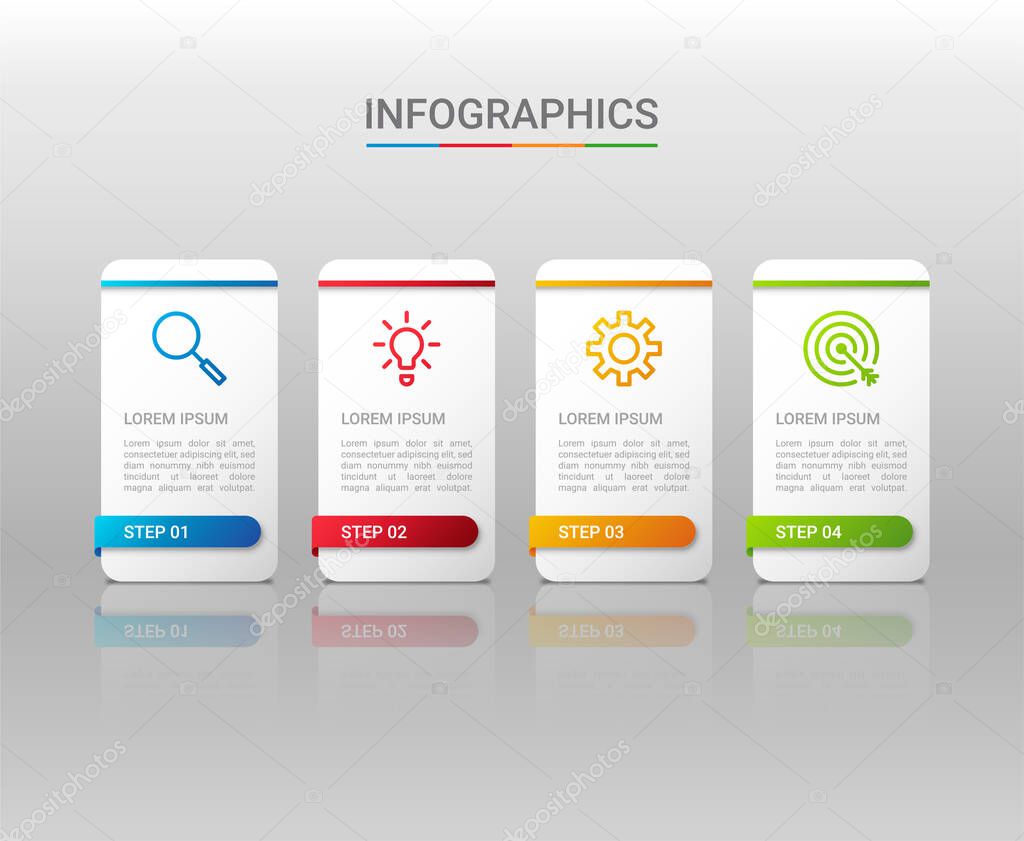 Business data visualization, infographic template with 4 steps on gray background, vector illustration