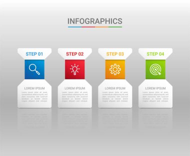 İş veri görselleştirmesi, gri arkaplan üzerinde 4 adımlı bilgi şablonu, vektör illüstrasyonu