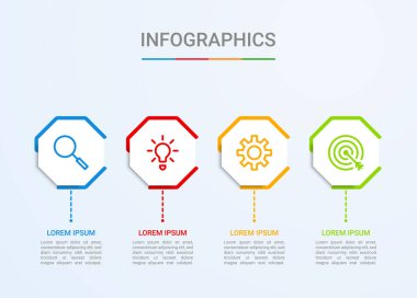 İş veri görselleştirmesi, mavi arkaplan üzerinde 4 adımlı bilgi şablonu, vektör illüstrasyonu