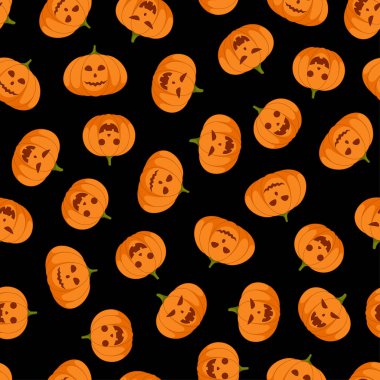 Siyah arkaplanda kabak deseni olan kusursuz desen, vektör illüstrasyonu