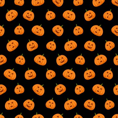 Siyah arkaplanda kabak deseni olan kusursuz desen, vektör illüstrasyonu