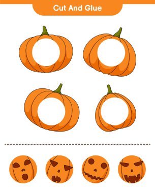 Kes ve yapıştır uygulama tablosu, eğitici çocuklar oyunu, yazdırılabilir çalışma tablosu, vektör illüstrasyonu