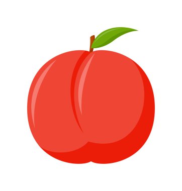 Beyaz arkaplanda yeşil yapraklı nektarin, düz tasarım, meyve vektörü illüstrasyonu