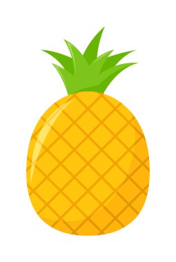 Beyaz arkaplanda yeşil yapraklı ananas, düz tasarım, meyve vektörü illüstrasyonu