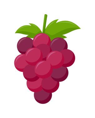 Beyaz arka planda izole edilmiş yeşil yapraklı kırmızı üzüm, düz tasarım, meyve vektörü illüstrasyonu