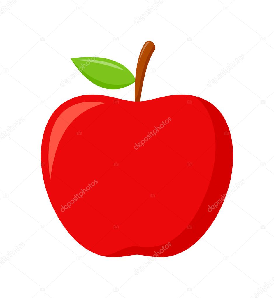 Red apple with green leaves isolated on white background, flat design, fruit vector illustration