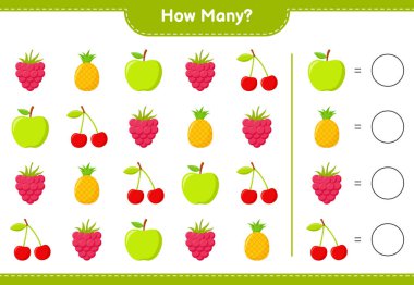 Oyun sayımı, kaç meyve-eğitici çocuk oyunu, yazdırılabilir çalışma tablosu, vektör illüstrasyonu