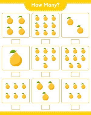 Sayma oyunu, kaç Quince. Eğitimsel çocuk oyunu, yazdırılabilir çalışma tablosu, vektör illüstrasyonu