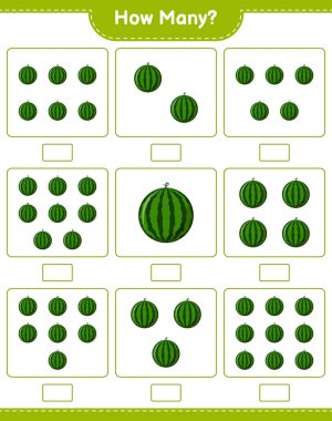 Maç sayısı, kaç karpuz. Eğitimsel çocuk oyunu, yazdırılabilir çalışma tablosu, vektör illüstrasyonu