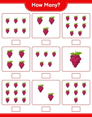 Maç sayısı, kaç üzüm. Eğitimsel çocuk oyunu, yazdırılabilir çalışma tablosu, vektör illüstrasyonu