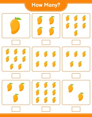 Maç sayısı, kaç tane Mango. Eğitimsel çocuk oyunu, yazdırılabilir çalışma tablosu, vektör illüstrasyonu