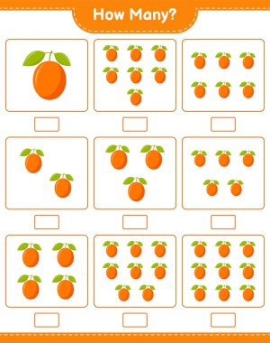 Maç sayısı, kaç Ximenia. Eğitimsel çocuk oyunu, yazdırılabilir çalışma tablosu, vektör illüstrasyonu