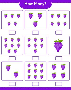 Maç sayısı, kaç üzüm. Eğitimsel çocuk oyunu, yazdırılabilir çalışma tablosu, vektör illüstrasyonu