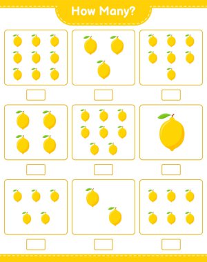 Oyun sayıyorum, kaç tane Lemon var. Eğitimsel çocuk oyunu, yazdırılabilir çalışma tablosu, vektör illüstrasyonu