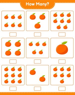 Maç sayısı, kaç Tangerin. Eğitimsel çocuk oyunu, yazdırılabilir çalışma tablosu, vektör illüstrasyonu