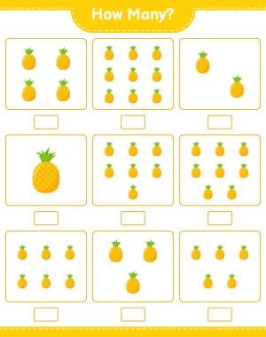 Maç sayısı, kaç tane Ananas. Eğitimsel çocuk oyunu, yazdırılabilir çalışma tablosu, vektör illüstrasyonu
