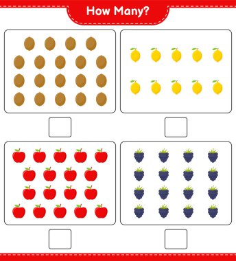 Oyun saymak, kaç meyve. Eğitimsel çocuk oyunu, yazdırılabilir çalışma tablosu, vektör illüstrasyonu