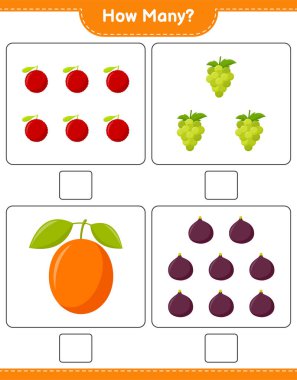 Oyun saymak, kaç meyve. Eğitimsel çocuk oyunu, yazdırılabilir çalışma tablosu, vektör illüstrasyonu