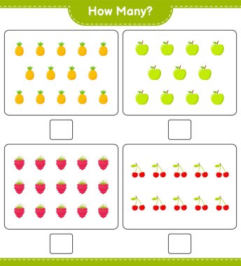 Oyun saymak, kaç meyve. Eğitimsel çocuk oyunu, yazdırılabilir çalışma tablosu, vektör illüstrasyonu