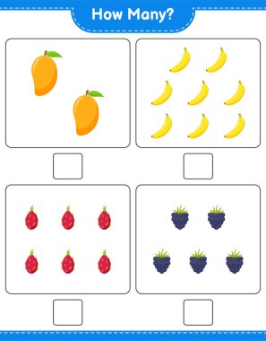 Oyun saymak, kaç meyve. Eğitimsel çocuk oyunu, yazdırılabilir çalışma tablosu, vektör illüstrasyonu