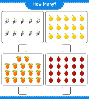 Oyun saymak, kaç meyve. Eğitimsel çocuk oyunu, yazdırılabilir çalışma tablosu, vektör illüstrasyonu