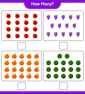 Oyun saymak, kaç meyve. Eğitimsel çocuk oyunu, yazdırılabilir çalışma tablosu, vektör illüstrasyonu